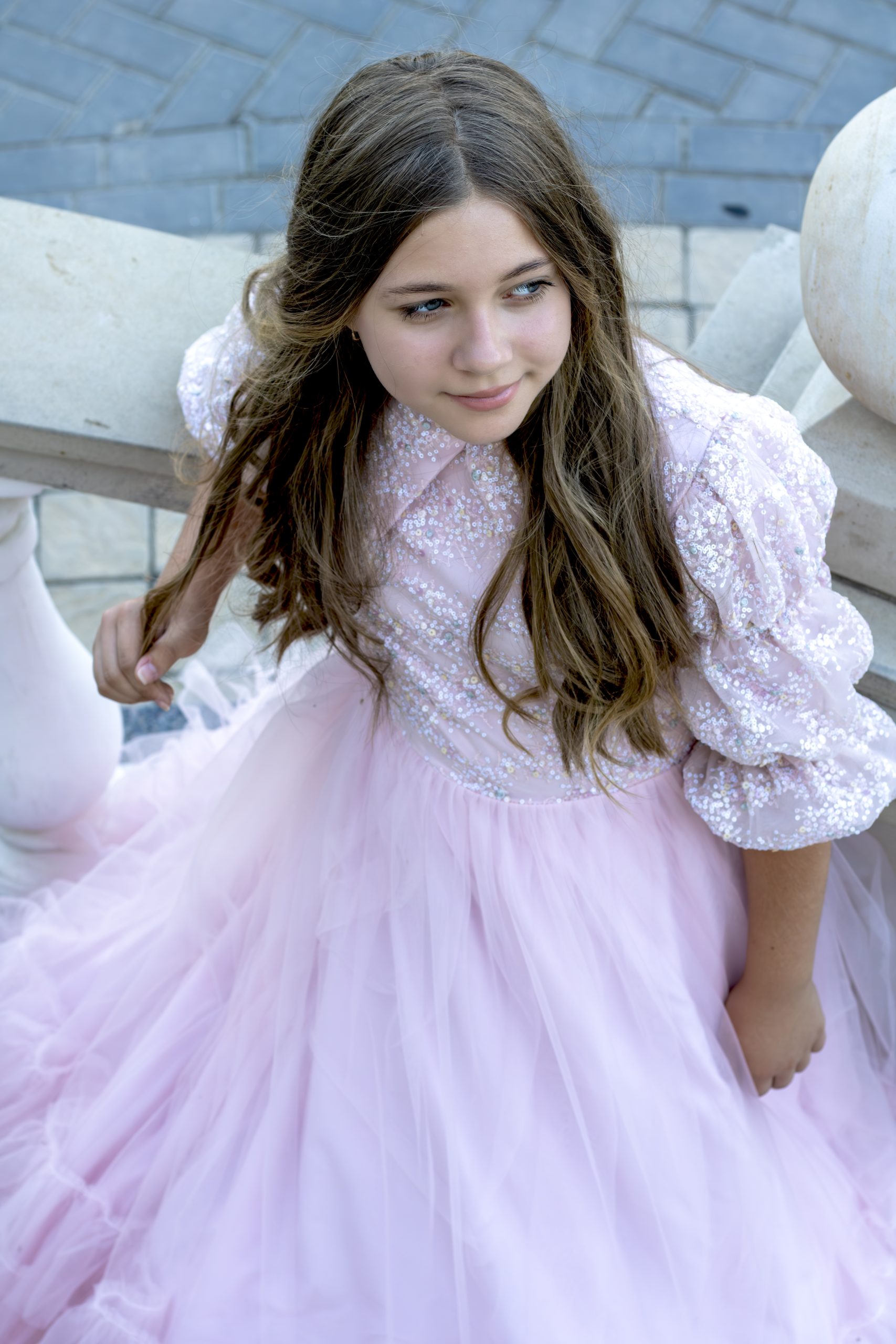 epine é tulle frill long tee pink Hearty pink Tulle Prom Dress A-Line Long Flare Sleeves